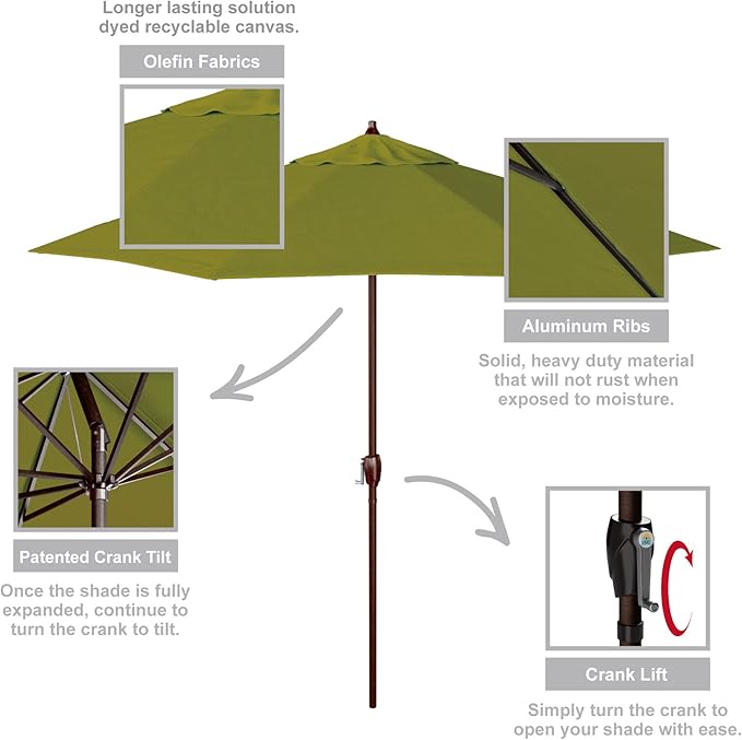 California Umbrella 9' Round Aluminum Outdoor Deck, Pool or Patio Umbrella, Crank Lift, Auto Tilt, Bronze Pole, Kiwi Olefin