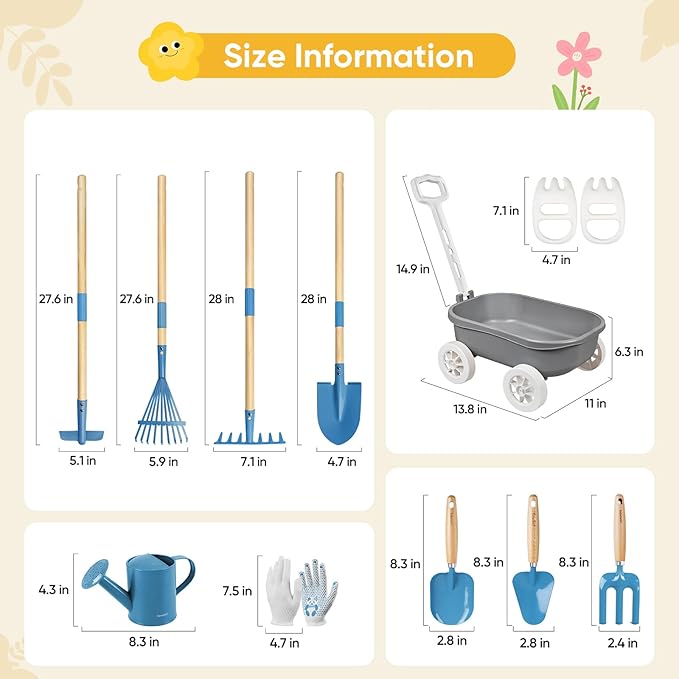 Kids Gardening Set with Wheelbarrow, 11-Piece Outdoor Yard, Beach, STEM Garden Play Kit with Child-Sized Tools, Durable, Safe & Fun Gift Toy for Ages 2+ Kids Toddlers Boys Girls (Gray)