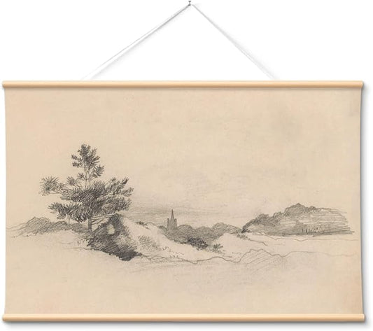 VIYYIEA Extra Large Canvas Wall Art, 36x54 Inch Vintage Pine Tree Landscape Hanging Scroll, Black and White Neutral Wall Decor for Living Room, Bedroom, Office