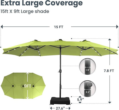 PHI VILLA 15 ft Umbrella Outdoor Patio Solar Lights with Base, Outdoor Double-Sided Large Market Rectangle Umbrellas with 36 LED Lights, Lime Green