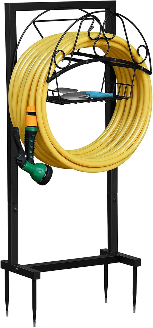 Skypatio Garden Hose Holder with Basket, Metal Water Hose Holder Holds 150ft Hose, Freestanding Hose Storage Stand with 4 Stakes, Rust-Resistant Heavy Duty Hose Hanger for Outside