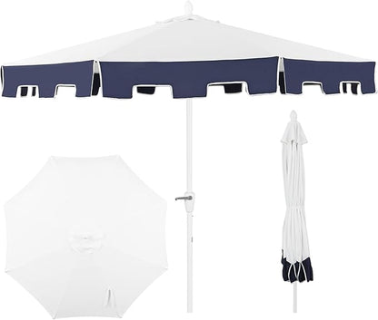 JONATHAN Y UMB1000A Baiona 9 ft. Classic MidCentury Market Patio Umbrella with UV Protection, Auto-Tilt, Crank and Wind Vent in White/Navy