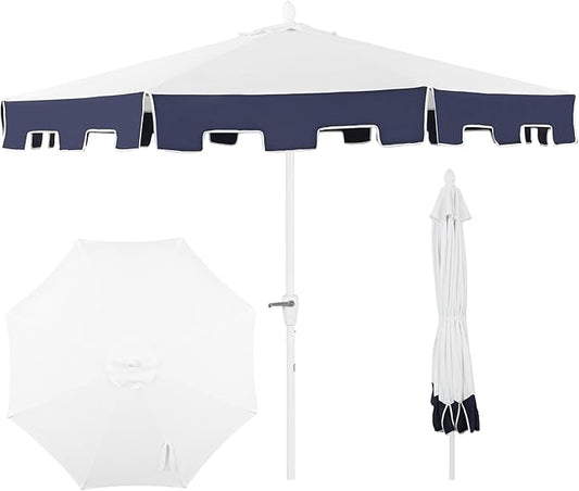 JONATHAN Y UMB1000A Baiona 9 ft. Classic MidCentury Market Patio Umbrella with UV Protection, Auto-Tilt, Crank and Wind Vent in White/Navy