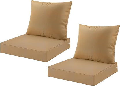 ARTPLAN Deep Seat Cushion with Backrest Set of 2 - All-Weather Outdoor Sofa Cushions for Sectionals-Polyester Fabric, Waterproof-High-Resilience Foam for Patio, Backyard Garden,Light Brown