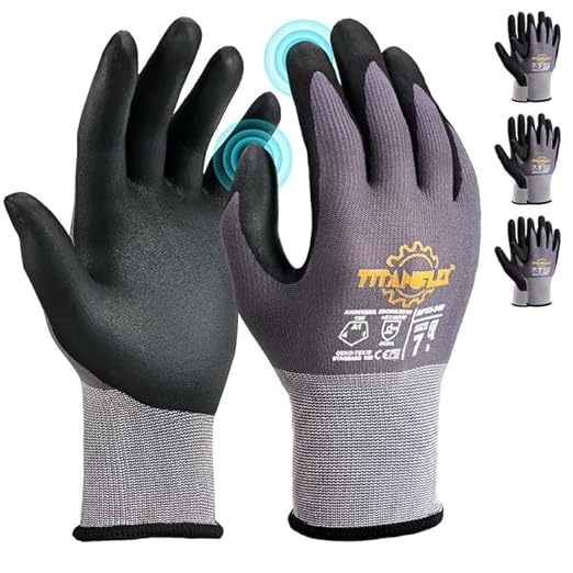TitanFlex Work Gloves Microfoam Nitrile Coated Men Women-3 Pairs, Safety Warehouse Gloves Mens Working Glove with Grip Heavy Duty, Touchscreen, Seamless Knit Nylon for Automotive, Garden (Large)