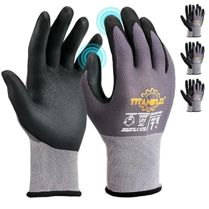 TitanFlex Work Gloves Microfoam Nitrile Coated Men Women-3 Pairs, Safety Warehouse Gloves Mens Working Glove with Grip Heavy Duty, Touchscreen, Seamless Knit Nylon for Automotive, Garden (Large)