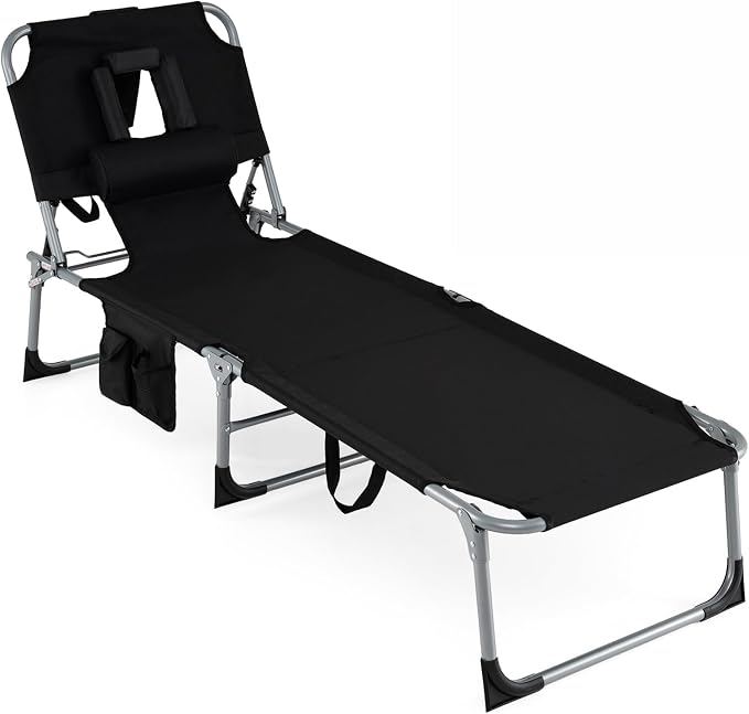 COSTWAY Tanning Chair with Face Hole, Folding Beach Lounge Chair | 4-Position Adjustable Backrest, Pillow & Side Pocket for Sunbathing, Camping (1, Black)