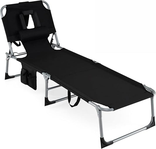 COSTWAY Tanning Chair with Face Hole, Folding Beach Lounge Chair | 4-Position Adjustable Backrest, Pillow & Side Pocket for Sunbathing, Camping (1, Black)
