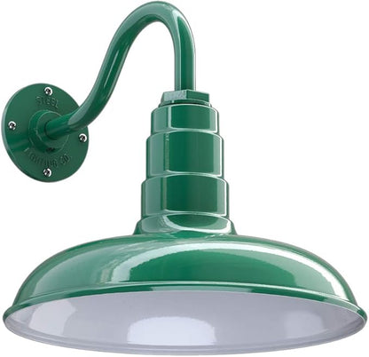 Steel Lighting Co. Topanga Barn Light | Outdoor Wall Mounted | Farmhouse Garage Light Made in America | 14 inch Dome | 11 inch Gooseneck | Green Exterior/White Interior