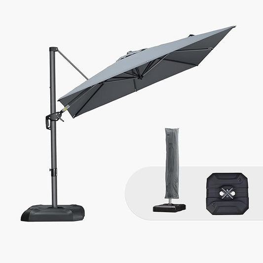 PURPLE LEAF 8'×8' Patio Cantilever Umbrella with Base Included Offset Outdoor Umbrella with cover Square umbrella outdoor patios for Backyard Pool Garden Light Grey