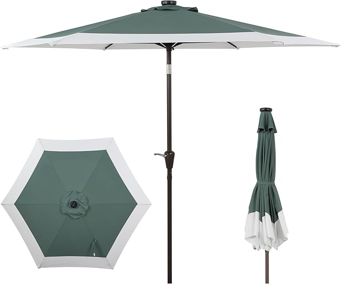 JONATHAN Y UMB1100E Spencer 9 ft. Classic Coastal 2-Tone Solar LED Market Patio Umbrella with 12 LED Strip Lights, Auto-Tilt, Crank Protection in Green/White