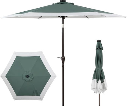 JONATHAN Y UMB1100E Spencer 9 ft. Classic Coastal 2-Tone Solar LED Market Patio Umbrella with 12 LED Strip Lights, Auto-Tilt, Crank Protection in Green/White