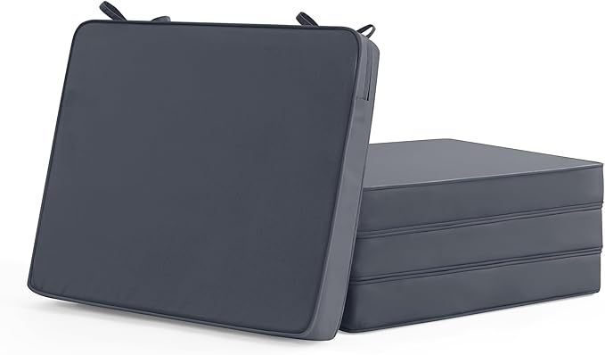 Outdoor Chair Cushions Set of 4: Waterproof & Fade Resistant Deep Seat Cushion for Patio Furniture - 24 x 24 Inch Chair Pads with Ties and Hidden Zipper - Patio Chair Cushion Replacement, Dark Grey