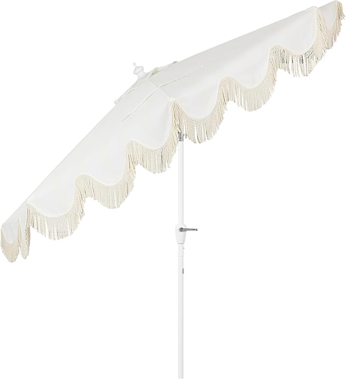 JONATHAN Y Half Umbrella UMB1201K Beverly 9 ft. Designer Classic Scalloped Fringe Market Patio with Crank, Tilt Button and UV Protection in Cream/White, White Pole