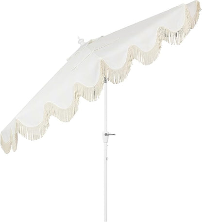JONATHAN Y Half Umbrella UMB1201K Beverly 9 ft. Designer Classic Scalloped Fringe Market Patio with Crank, Tilt Button and UV Protection in Cream/White, White Pole