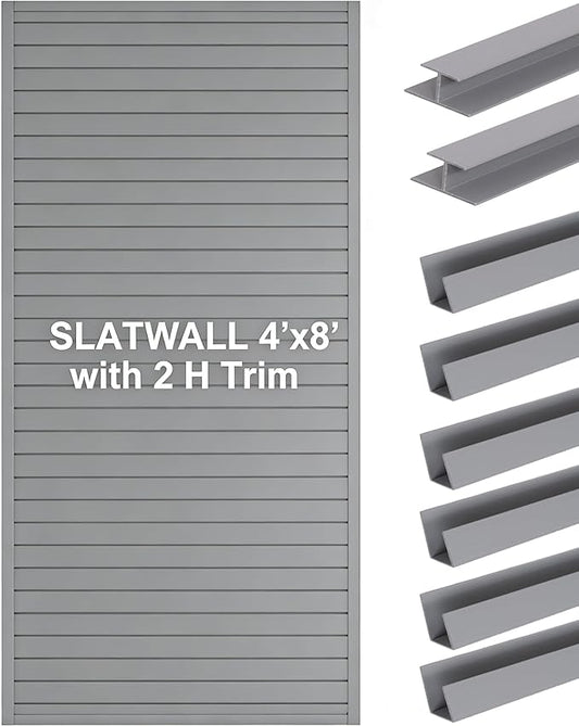 FRAYSCENT Slat Wall Paneling Garage Slat Wall Storage Systems Slatwall Panels Power Tool Organizer Wall Mount, PVC Garage Storage & Organization Products Slate Board (Grey, 8ftx4ft with 2H Trim)