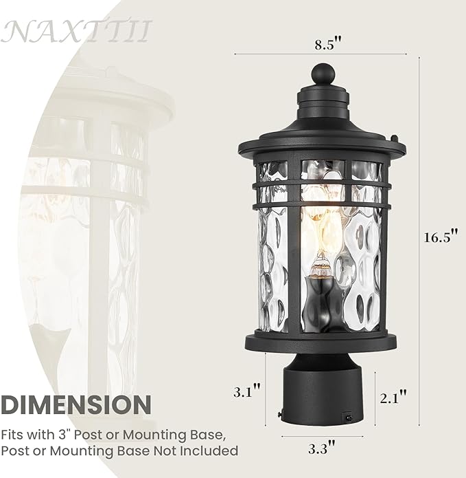 Outdoor Post Lighting Fixtures Pole Lantern Waterproof Aluminum Housing with Water Ripple Glass 16.5 Inch Height Large Size Pillar Light Outdoor for Garden Patio Pathway E26 Socket