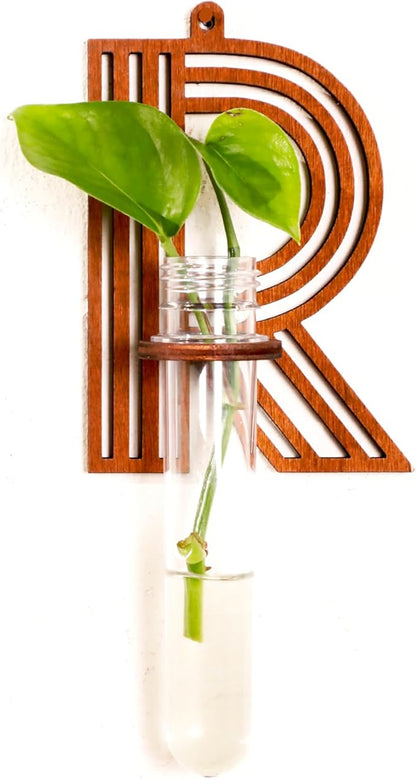 Wood Letter Wall Planter Terrariums Propagation Station with Test Tube Clear Flower Vase for Hydroponics Custom Vertical Garden Walnut DIY Home Decor Hanging Plant Holder Alphabet