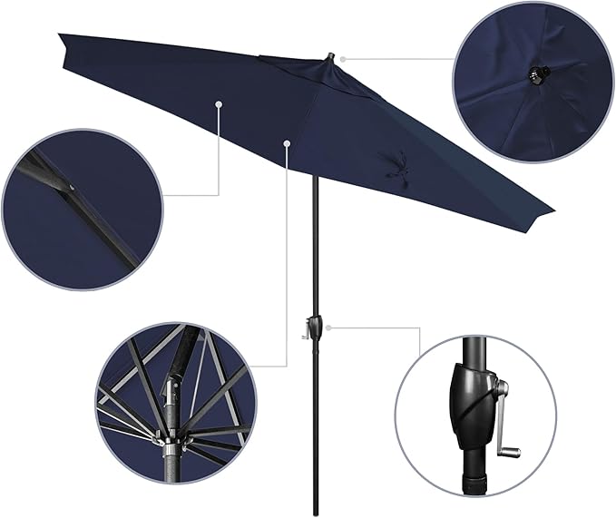 California Umbrella 9' Rd Aluminum Patio Umbrella, Crank Lift, Auto Tilt, Black Finish, 4yr Fade Warranty, Navy Blue