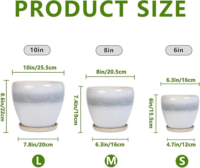 Ceramic Plant Pots - Modern Round 10 Inch 8 Inch 6 Inch Planters for Indoor Outdoor, Flower Pots with Drainage Holes and Plant Saucers, Home Decor, Plant Lover Gifts, Set of 3, White-Grey