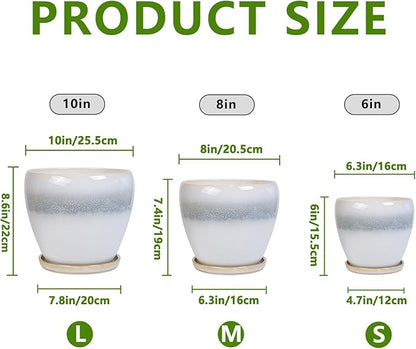 Ceramic Plant Pots - Modern Round 10 Inch 8 Inch 6 Inch Planters for Indoor Outdoor, Flower Pots with Drainage Holes and Plant Saucers, Home Decor, Plant Lover Gifts, Set of 3, White-Grey