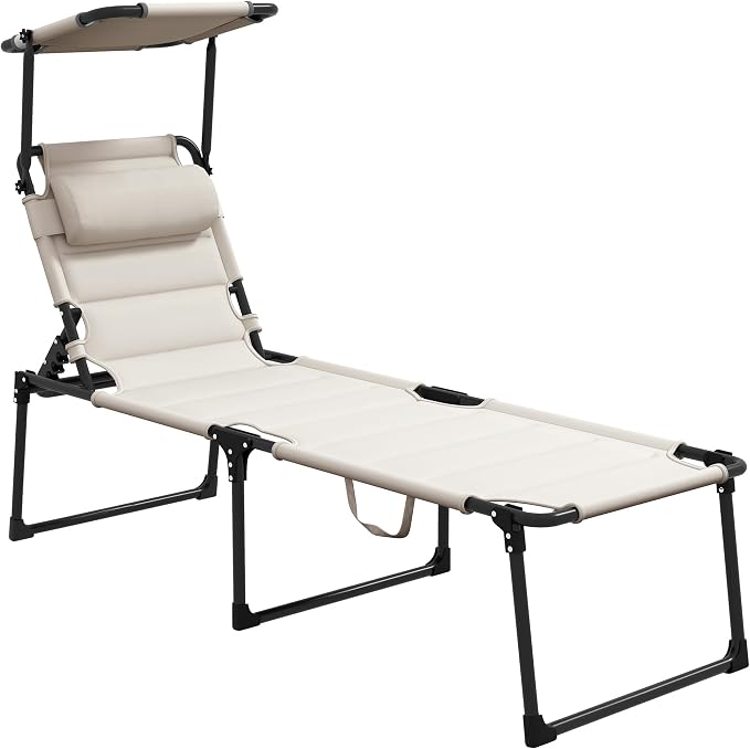Outdoor Lounge Chair, Tanning Chair with Sunshade Roof, Adjustable Backrest Folding Chaise Lounge with Pillow Headrest for Outside, Beach, Camping, Hiking (Sunshade Roof, Cream White)