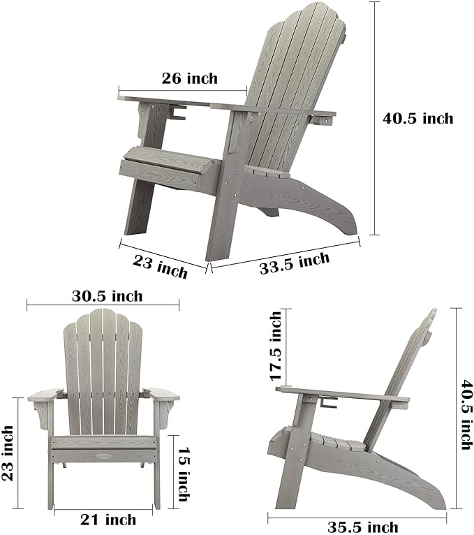 hOmeHua Oversized Adirondack Chair, HIPS Adirondack Chairs Weather Resistant with Cup Holder, Plastic Outdoor Chair for Patio, Backyard Deck, Fire Pit Lawn Porch (Grey)