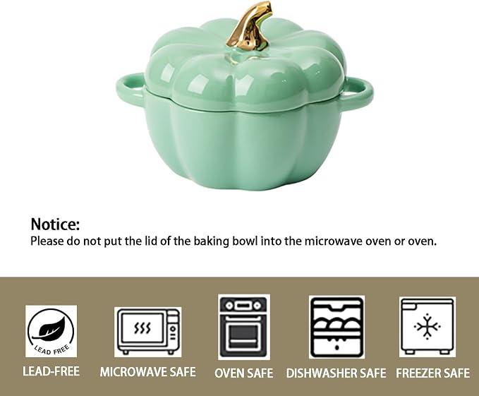 Pumpkin Bowl Set with Lid and Handle, Set of 2 Ceramic Ramekins for Baking, Casserole Dish Individual Severing Pot, Stoneware, Oven Safe, 14 Oz (Green)