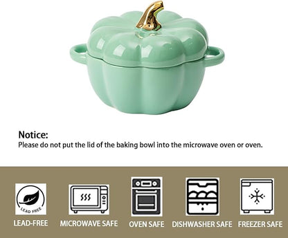 Pumpkin Bowl Set with Lid and Handle, Set of 2 Ceramic Ramekins for Baking, Casserole Dish Individual Severing Pot, Stoneware, Oven Safe, 14 Oz (Green)