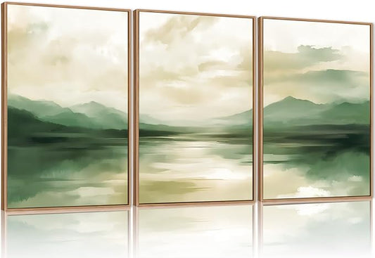 FWIEXA Sage Green Abstract Canvas Wall Art Set of 3, Framed Beige White Landscape Painting, Neutral Watercolor Mountain Prints, Nature Mountains Lake Prints, 24x36In Artwork for Living Room, Bedroom