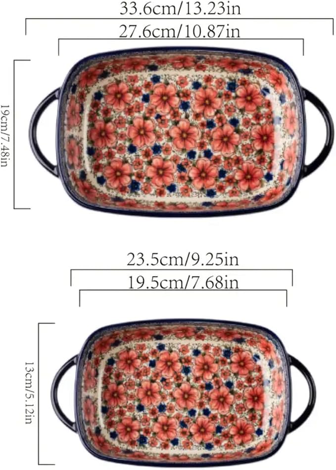 Ceramic Baking Dish with Handles, Hand-painted Polish Pottery Baking Dish Set of 2,Baking Pan Lasagna Pan, Rectangular, Floral Pattern, Oven Safe, 13.22x7.5x2.8 Inch (red)