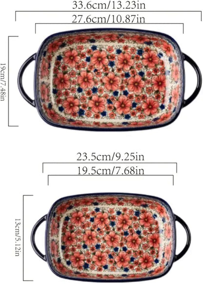 Ceramic Baking Dish with Handles, Hand-painted Polish Pottery Baking Dish Set of 2,Baking Pan Lasagna Pan, Rectangular, Floral Pattern, Oven Safe, 13.22x7.5x2.8 Inch (red)