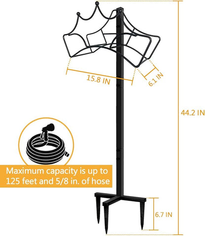 Garbuildman Garden Hose Holder with 3 Spikes, Freestanding Metal Hose Stand for Outdoor Garden, Detachable Hose Storage Rack for Lawn & Yard, Crown Black