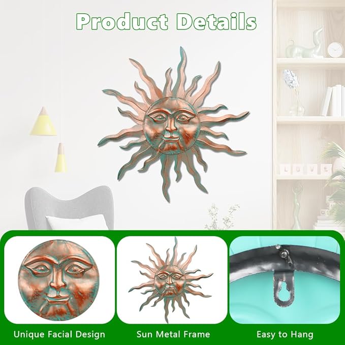 VEWOGARDEN Metal Sun Wall Decor 30" Large Outdoor Hanging Wall Art for Patio Farmhouse Garden Living Room Bedroom Decorations, Green