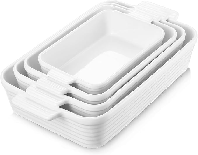 Ceramic Baking Dish Set of 4, Casserole Dishes for Oven, White | Rectangular Casserole Dishes with Handles in 3.3, 2.4, 1.6 and 0.9 QT Sizes for Lasagna, Casseroles, Sides, and Desserts