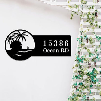 Beach House Metal Sign Custom,Palm Tree Personalized Name Signs Wall Art,Customized Coastal Home Numbers Decor,Address Plaque with Street Names Door Hanger for Swimming Pool Yard Outside Decoration