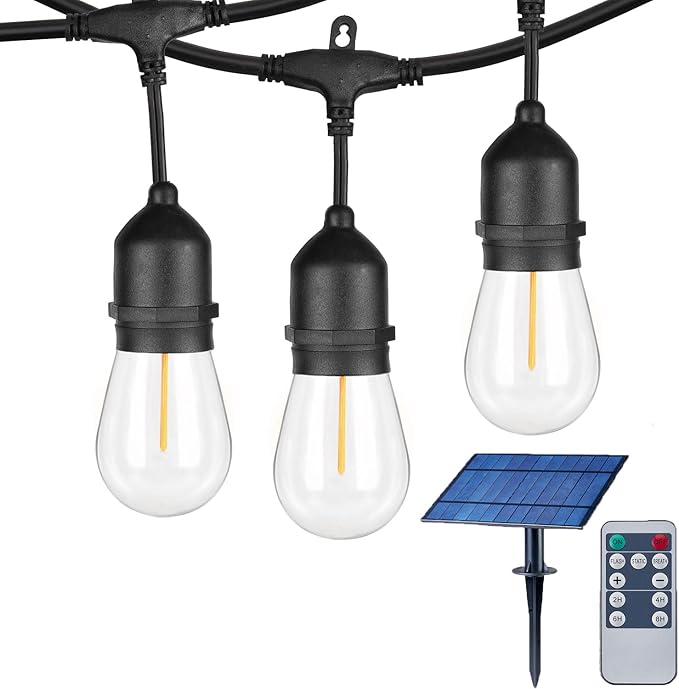 50FT Solar String Lights Outdoor with Remote, 15 Shatterproof Edison LED Bulbs, Dimmable Waterproof Color Changing Patio Lights for Garden, Backyard, Camping