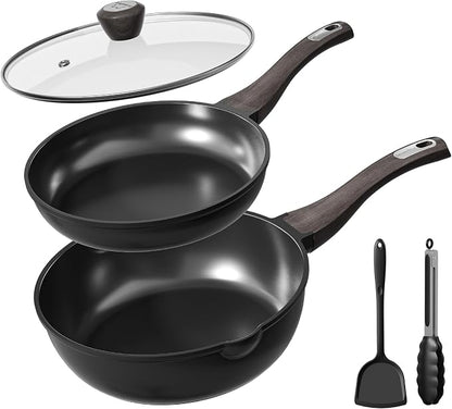 Nonstick Cookware Set, Titanium Coating Pan Set, Induction Cookware Oven Safe RV Kitchen Set, PFAS PFOA & PTFE Free, (8+11Inch with Lid)