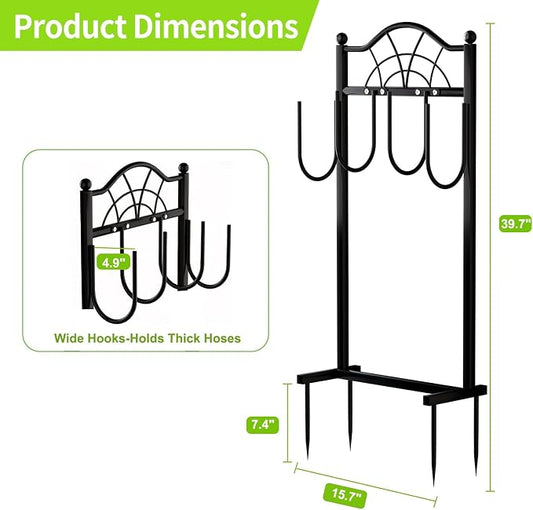 2 Pack Garden Hose Holder,Upgraded Freestanding Hose Holder with 4 Spikes, Heavy Duty Metal Hose Reel,Sturdy Hose Stand Holds up to 100ft Hose for Outside,Yard & Lawn Garden,Black