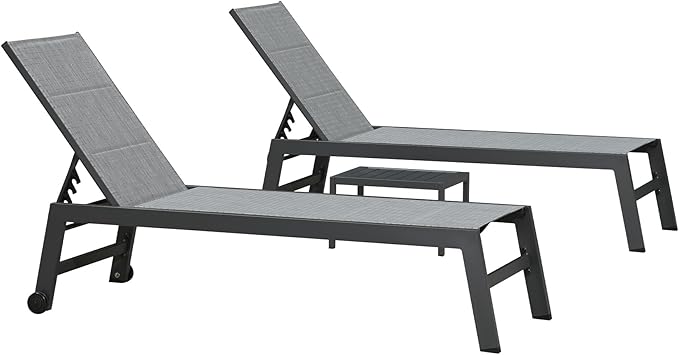 PURPLE LEAF Outdoor Chaise Lounge Set of 2 Aluminum Patio Lounge Chair with Wheels and Side Table Pool Chaise Lounge Chair for Outdoor Backyard Poolside Mixed Grey (2 Lounges Chairs W/Table)