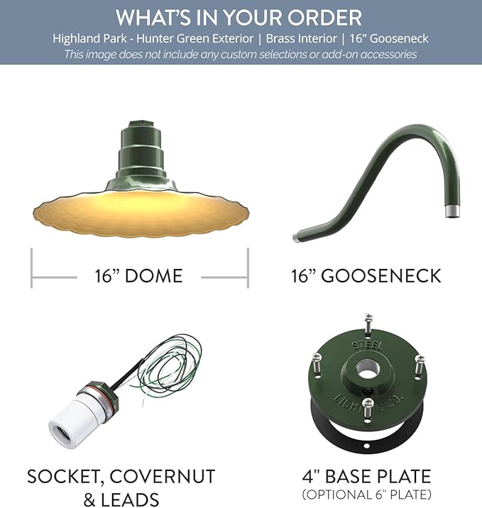 Steel Lighting Co. Highland Park Barn Light | Outdoor Wall Mounted | 16 inch Radial Wave | 16" Gooseneck | Vintage Style Made in America | Hunter Green Exterior/Brass Interior