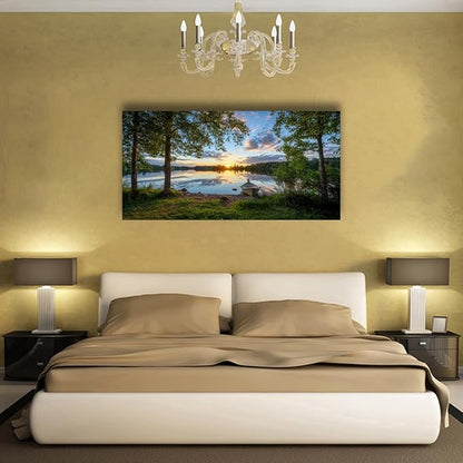 Tree Canvas Wall Art of a Sunrise Over a Forest Lake 24x48inches Nature Inspired Painting Perfect for Wall Decoration in Living Room and Bedroom Trees and Landscape Picture Artwork Prints