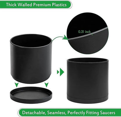 D'vine Dev 2 Pack 10 Inch Modern Plastic Plant Pots, Cylindrical Garden Planters for Plants with Drainage Holes and Saucers, Black, 74-Y-N-1