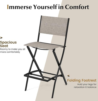 COSTWAY Outdoor Patio Bar Chair Set of 4, Folding Bar Height Stool with Metal Frame & Footrest, Patio Bar Stool for Balcony, Garden & Poolside (4, Coffee)