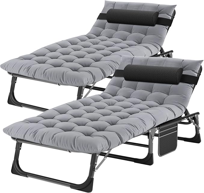 ABORON Tanning Chairs, 2 Pack, 5-Position Padded Folding Loungers | Set of 2 folding chaise lounges with 5-position backs, padded mats and pillows; supports up to 500 lb per chair.
