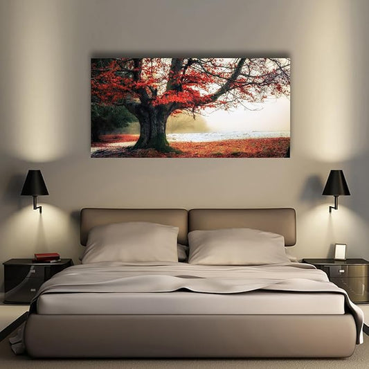 Stunning Nature Landscape Wall Art - 24x48 inches Canvas Artwork of Sunrise Forest Scenery with Red Leaves. Perfect Wall Decoration for Living Room, Bedroom and More