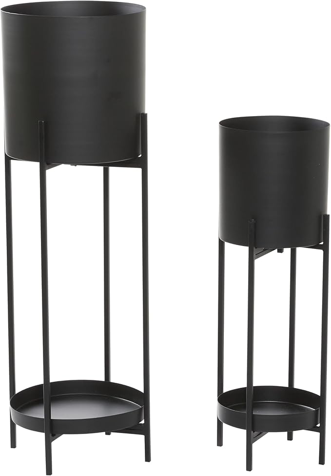 Deco 79 Metal Indoor Outdoor Planter Large Planter Pot with Lower Shelf and Removable Stand, Set of 2 Planters 24", 33"H, Black