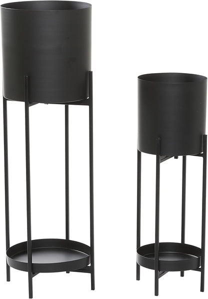 Deco 79 Metal Indoor Outdoor Planter Large Planter Pot with Lower Shelf and Removable Stand, Set of 2 Planters 24", 33"H, Black