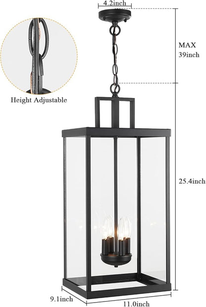 Outdoor Pendant Light, 25'' Large Hanging Lights Lantern Light, Modern Outside Chandelier with Clear Glass, Exterior Gazebo Light for Patio, Porch, Yard, Garage