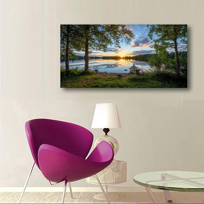 Tree Canvas Wall Art of a Sunrise Over a Forest Lake 20x40inches Nature Inspired Painting Perfect for Wall Decoration in Living Room and Bedroom Trees and Landscape Picture Artwork Prints
